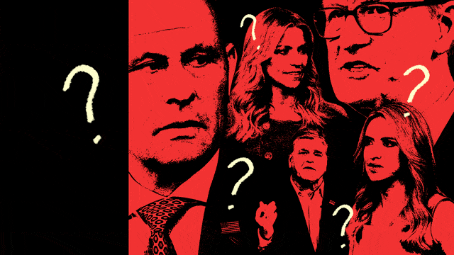 A photo illustration of Ainsley Earhardt, Brian Kilmeade, Steve Doocy, Sean Hannity and Kayleigh McEnany with question marks moving around them