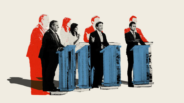 Photo illustration of Chris Christie, Nikki Haley, Ron DeSantis, and Vivek Ramaswamy at a Republican Debate