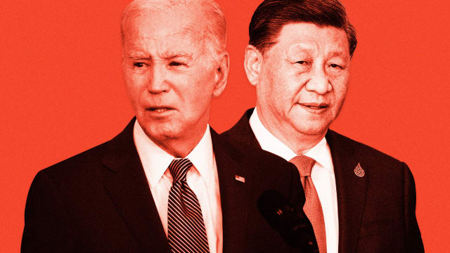 An illustration including a photo of US President Joe Biden and Xi Jinping