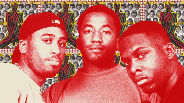 Photo illustration of A Tribe Called Quest on top of their album cover for Midnight Marauders