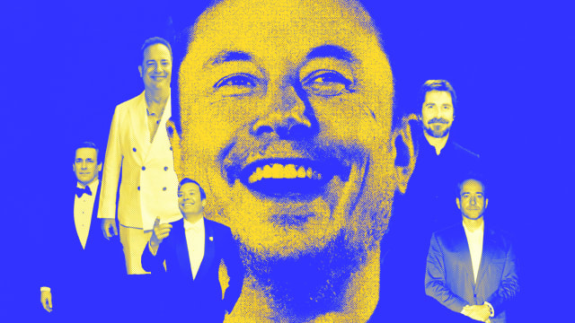 A photo illustration of Elon Musk surrounded by Jon Hamm, Christian Bale, Jimmy Fallon, Brendan Fraser, Matthew Macfadyen