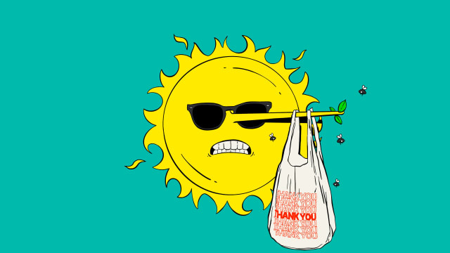Illustration of a sun with a Pinocchio nose, a food delivery bag hanging off the nose, and flies.