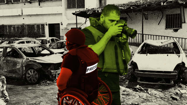 Photo illustration of Momen Fayez Qreqe and Ali Jadallah working as journalists in Gaza