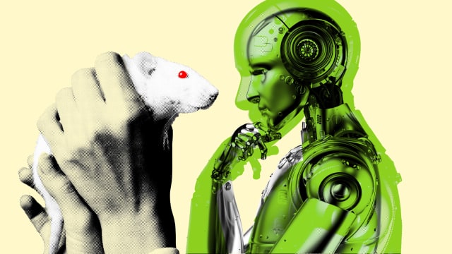 Photo illustration of hands holding a lab rat facing a robot