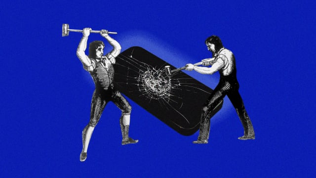 A photo illustration showing two Luddite figures from an 1800’s etching breaking an iPhone.