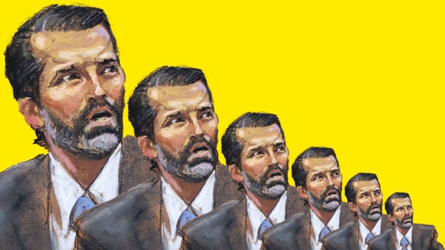 Photo illustration of a repeated courtroom sketch of Donald Trump Jr. on the stand.