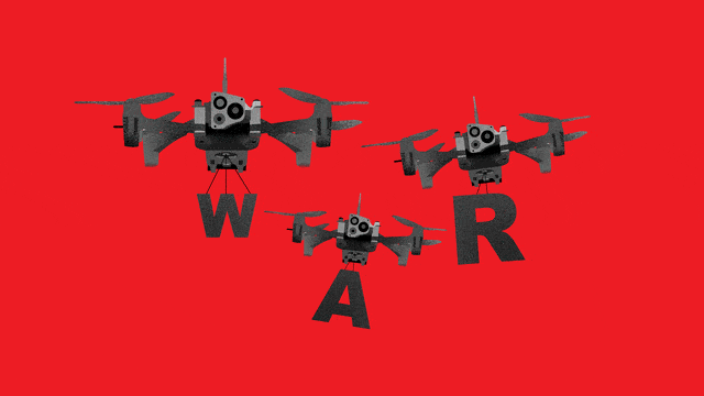 An illustration of three drones carrying letters that spell out WAR on a red background.