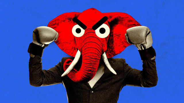 Alt: A photo illustration of a man with an angry elephant head flexing