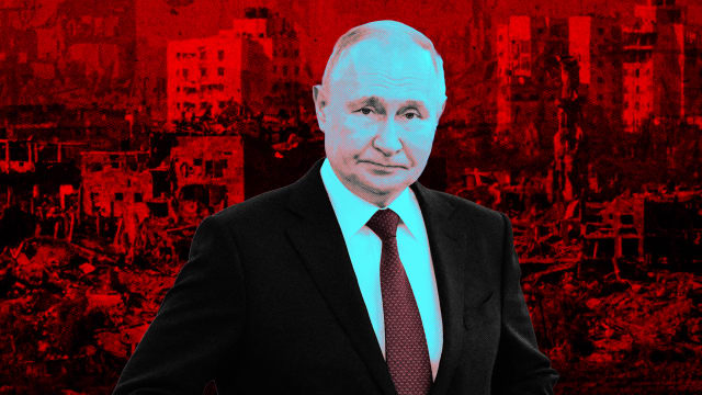 A photo illustration of Russian President Putin and a background of destruction in the Gaza Strip.