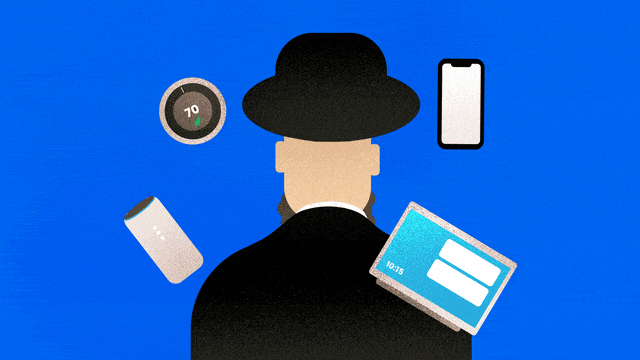 An illustration shows the back of a hassidic man with various technology floating around him moving