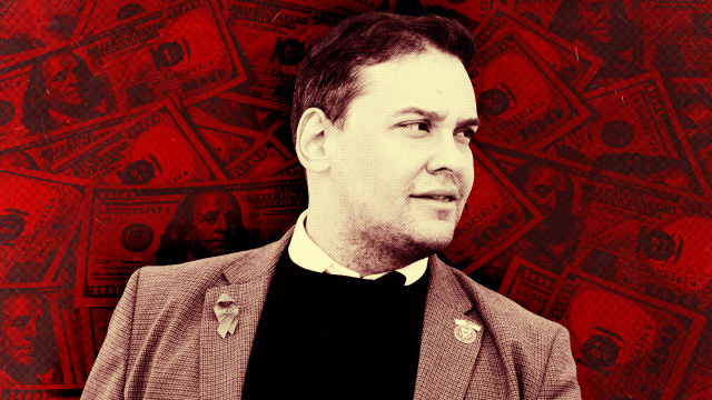 A photo illustration of Rep. George Santos over a red background of money.