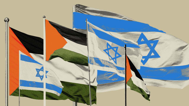 Photo illustration of three Israeli flags and three Palestinian flags