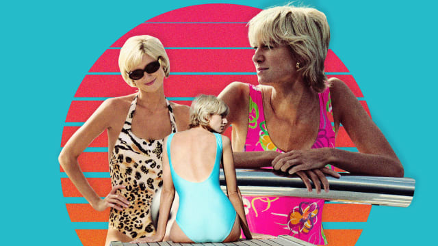 A photo illustration showing Princess Diana in The Crown’s final season wearing three different bathing suits.