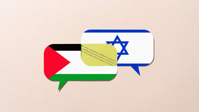 A photo illustration of speech bubbles with the Palestine, Israel flags and the 1st amendment text. 