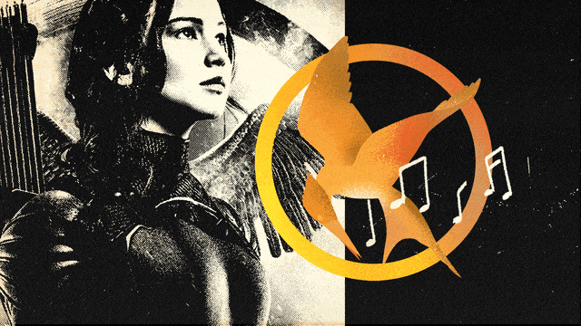 A photo illustration of Jennifer Lawrence as Katniss Everdeen in The Hunger Games with an illustration of the mockingjay symbol with music notes coming out of it