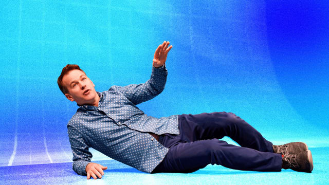 Photo illustration of Mike Birbiglia on a blue gradient background