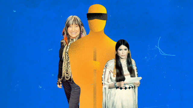 A photo illustration of an illustrated Oscat statue with a blindfold. Pictures of Sacheen Littlefeather and Buffy Sainte-Marie surround it. 
