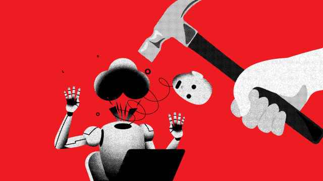 A photo illustration of a robot with it's head breaking off as a hammer swings down on it
