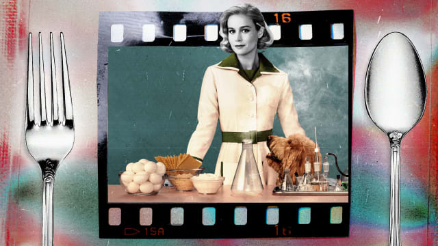 An illustration including Brie Larson in the show Lessons in Chemistry on Apple TV+