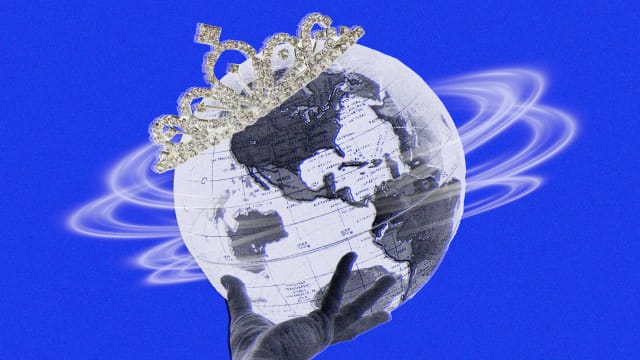 A photo illustration showing the world spinning with a royal crown on top.