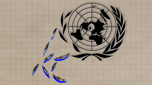 A photo illustration showing the leaves from the UN logo falling off.