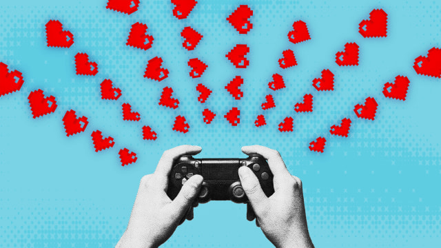  A photo illustration showing a person playing video games with hearts emanating out.