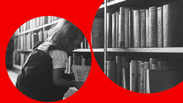 A photo illustration showing an image of a child reading a book in a library cut up by a red shape.