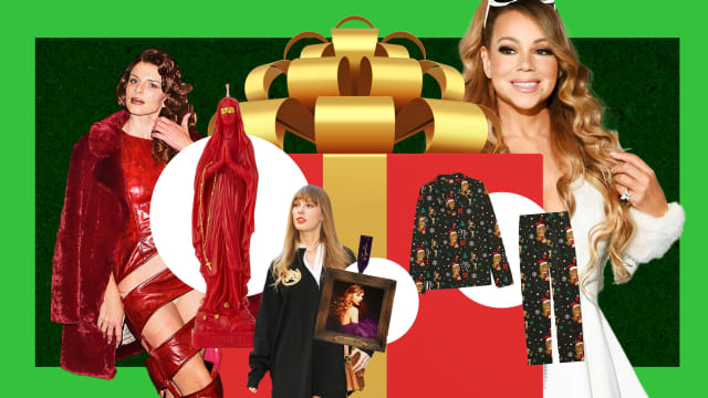 Alt: A photo illustration of Julia Fox, Taylor Swift, and Mariah Carey surrounded by gifts from their gift guides.