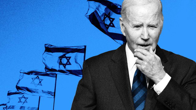 A photo illustration of Joe Biden with Israel flags behind him