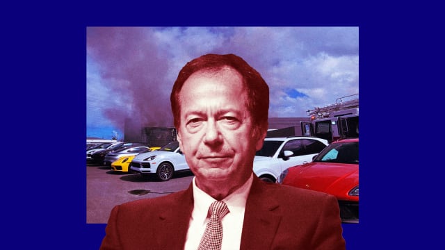 A photo illustration of John Paulson and the Porsche dealership on fire in the background.