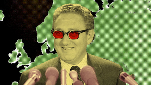 Photo illustration of a younger Henry Kissinger in front of a map of Europe