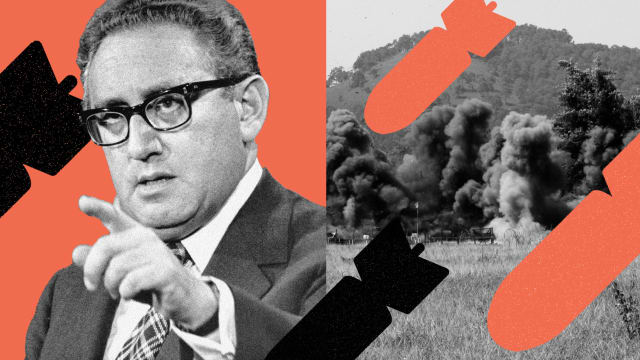 A diptych of Henry Kissinger and fields exploding. Bombs are layered over both.