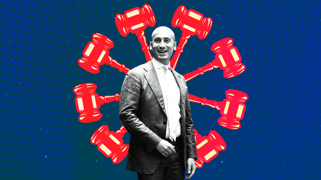 A photo animation of Stephen Miller and rotating red judge gavels.
