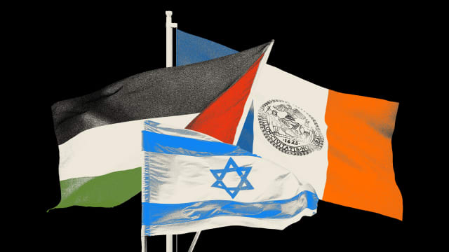 Photo illustration of the flags of Palestine, Israel, and New York City.
