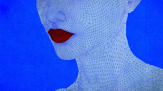 Photo illustration of a 3D facial map of a woman with red lips