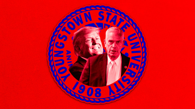 A photo illustration of former President Donald Trump, Rep. Bill Johnson, and the logo of Youngstown State University.