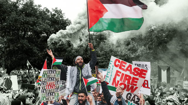 An illustration including a photo of a protester holding a flare and a Palestinian flag during a rally in support of Palestinians at the Texas State Capitol in Austin