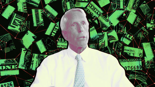 A photo illustration of Dick Uihlein on a background of money.