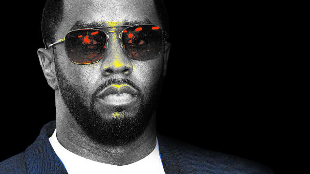 Photo illustration of Diddy with a blue jacket, red sunglasses shades, on a black background.