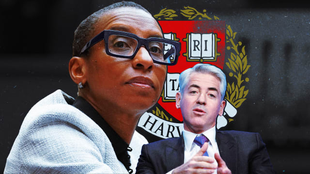 An illustration including images of Claudine Gay, Bill Ackman, and the Harvard University logo.