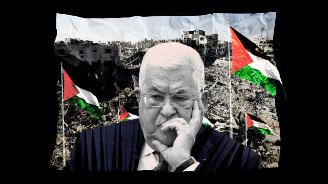 A photo illustration of president of the State of Palestine and the Palestinian National Authority Mahmoud Abbas and the destruction of Gaza.