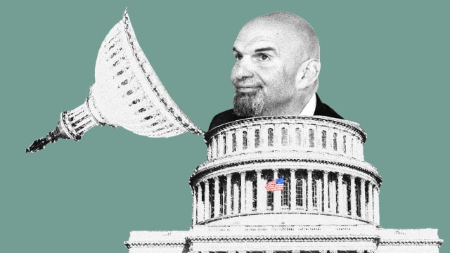 Photo illustration of John Fetterman coming out of the Capitol Building.