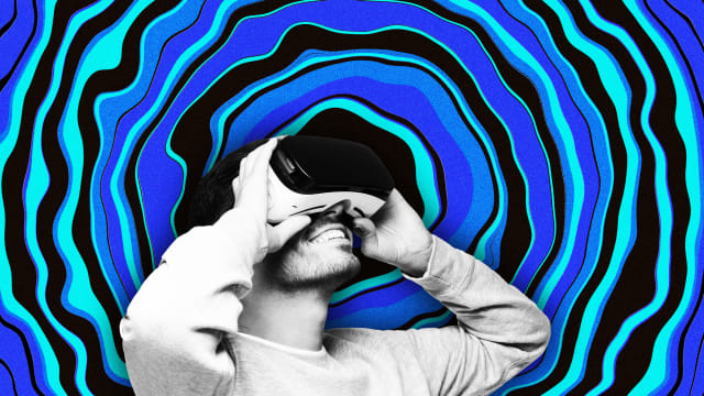 An illustration including a photo of a person with a VR headset in front of a warped colored background