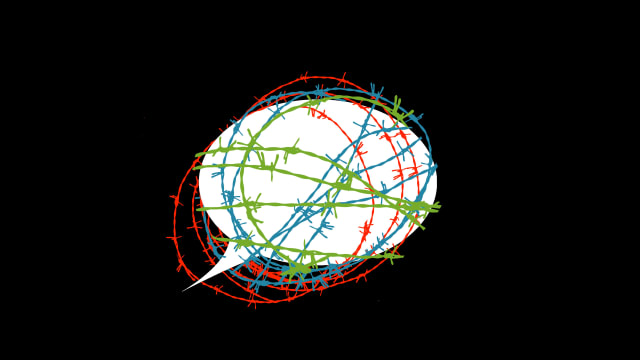Illustration of a speech bubble with red, green, and blue barbed wire