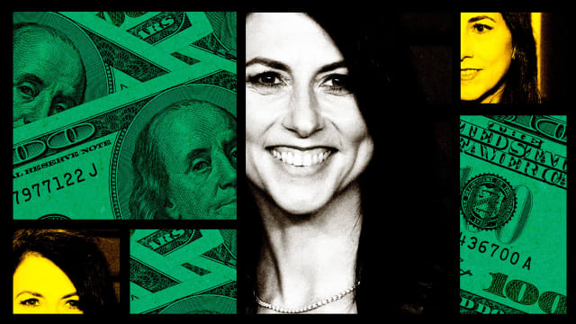 A photo illustration showing grids of money and MacKenzie Scott 