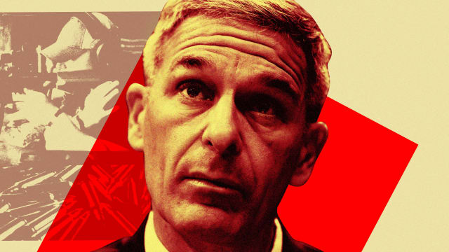 A photo illustration showing Ken Cuccinelli looking up towards Mission Safe Harbour stills from a promotional video.