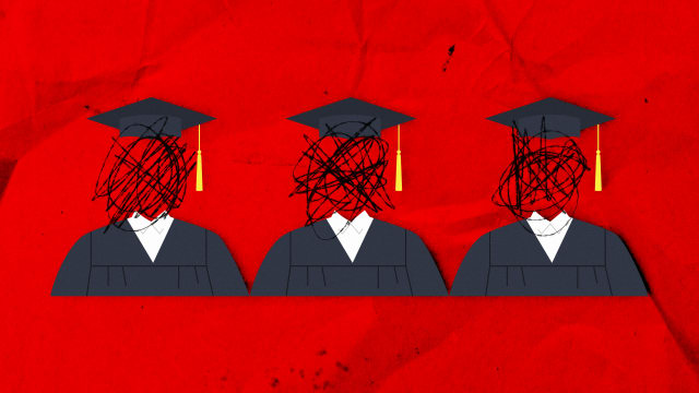A photo illustration of university gowns and caps and crossed out faces.