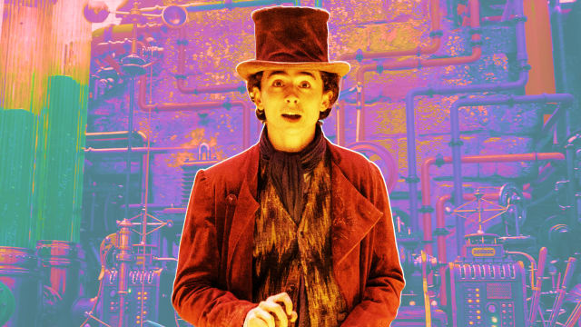 A photo illustration of Timothée Chalamet in Wonka.