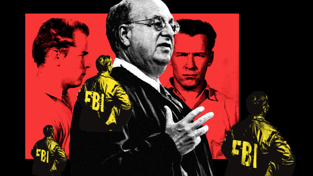 A photo illustration of Mark L. Wolf surrounded by cut outs of FBI agents. Behind them is the mug shot of Whitey Bulger.