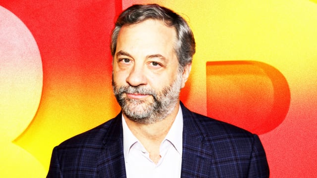 Photo illustration of Judd Apatow on a yellow and red background